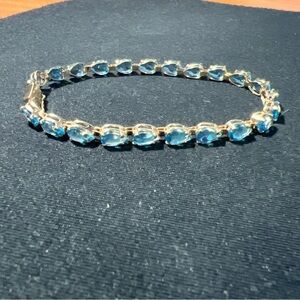 14K Gold YG 22 pear-shaped London Blue Topaz Tennis Bracelet 5.7g Sz 6.5